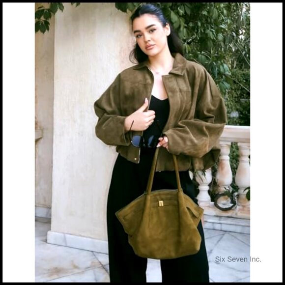 Oversized Faux Suede Bomber Jacket Cropped Lapel Pilot Streetwear Outerwear - Picture 5 of 7